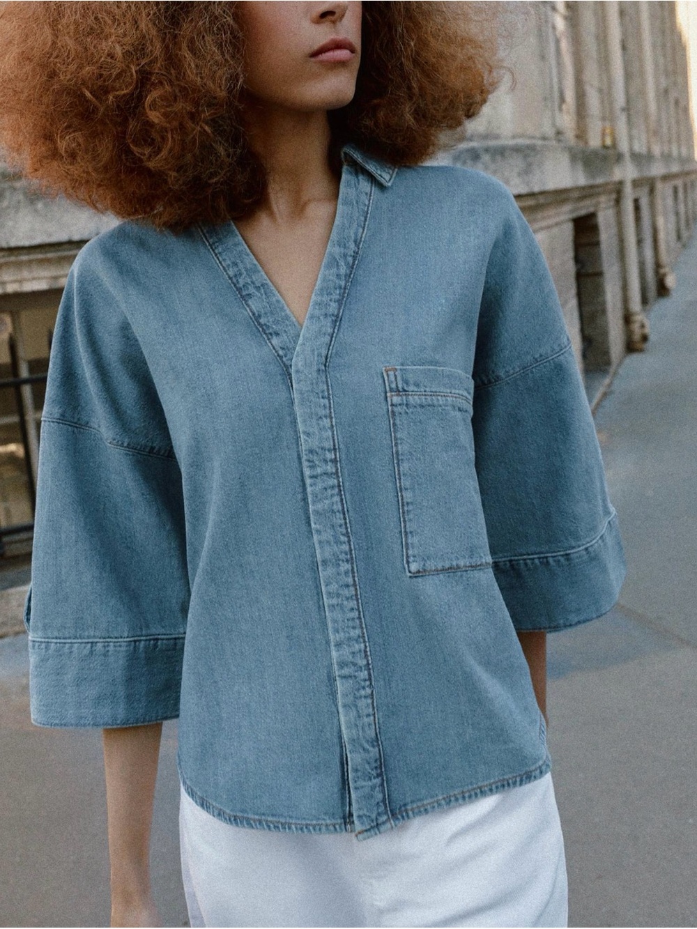 Zara Light Blue Denim Wide Sleeve Button-Down Shirt